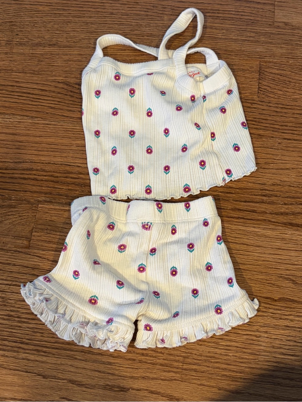 Girls White Floral Ribbed Tank & Shorts Set | 0-3 months